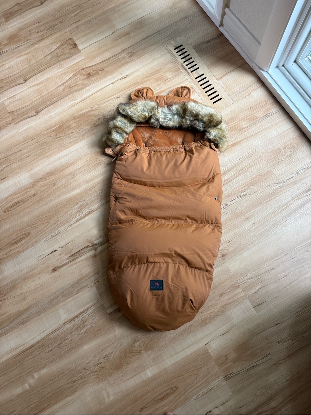 Kids Cozy Puffer Footmuff - Tan with Faux Fur Trim